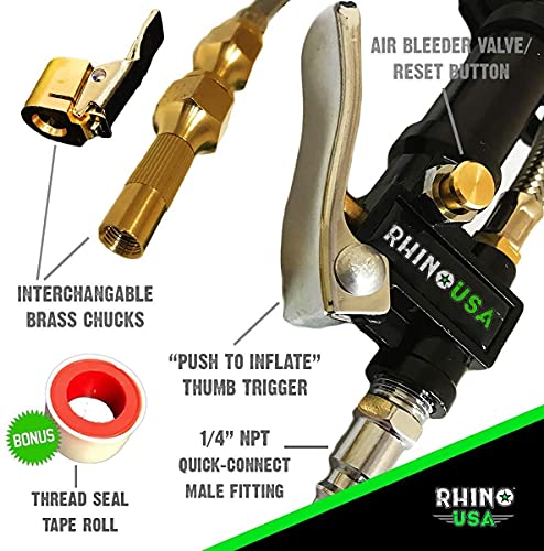 Rhino USA Tire Inflator with Pressure Gauge (0-100 PSI) - ANSI B40.1 Accurate, Large 2" Easy Read Glow Dial, Premium Braided Hose, Solid Brass Hardware, Best for Any Car, Truck, Motorcycle, RV…