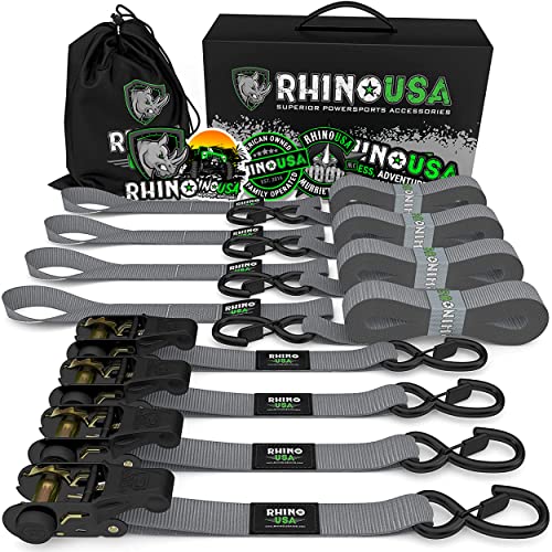 Rhino USA Ratchet Tie Down Straps (4PK) - 1,823lb Guaranteed Max Break Strength, Includes (4) Premium 1" x 15' Rachet Tie Downs with Padded Handles. Best for Moving, Securing Cargo