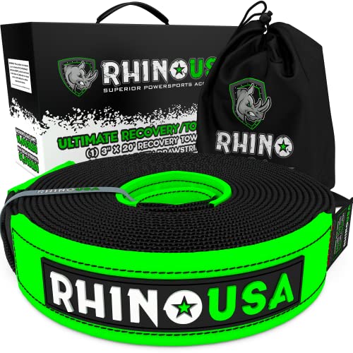 Rhino USA Recovery Tow Strap (3" x 20') Lab Tested 31,518lb Break Strength - Heavy Duty Offroad Straps with Triple Reinforced Loop Ends to Ensure Peace of Mind - Emergency 4x4 Off Road Towing Rope