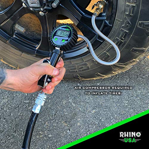 Rhino USA Tire Inflator with Pressure Gauge (0-100 PSI) - ANSI B40.1 Accurate, Large 2" Easy Read Glow Dial, Premium Braided Hose, Solid Brass Hardware, Best for Any Car, Truck, Motorcycle, RV…